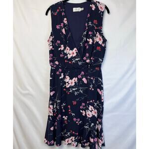 Eliza J Women's Size 12 Blue Floral Print Faux Wrap Sleeveless Knee Length Dress